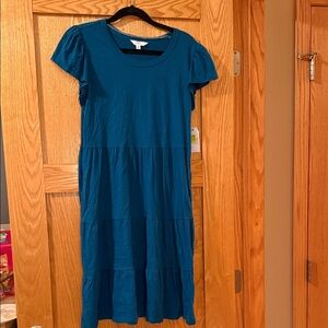 Dark blue Short Sleeve Women's Dress - pockets and ruffle shoulder